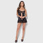 A model wears a black satin babydoll with scalloped eyelash lace cup and hem details. 