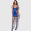 A model wears a satin blue garter chemise teddy with sheer lace side panels.