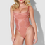 A model wears pink sheer layered mesh bra bodysuit.