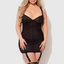  A plus-size model wears a black sheer mesh gartered chemise and G-string with rounded piping details in the front.