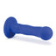 A blue vibrating g-spot dildo lays on a white backdrop showcasing its bulbous phallic head.