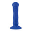 A blue vibrating g-spot dildo stands on a white backdrop featuring 2 x buttons on the base.