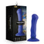 A blue vibrating g-spot dildo stands on a white backdrop next to its box by Blush Novelties. 