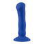 A blue vibrating g-spot dildo stands on a white backdrop and features a broad, angled head.