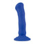 A blue vibrating g-spot dildo stands on a white backdrop featuring a curved shaft.
