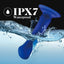A blue vibrating g-spot dildo is shown splashing in water showcasing its waterproof properties. 