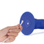 A hand model holds a magnetically rechargeable cord next to a blue dildo's suction cup base showcasing its magnetic charging point. 
