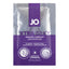 A JO extra silky ultra thin silicone based lubricant in a 5ml sachet lays flat against a white backdrop.