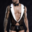 A male model wears a 3 piece sheer waiter costume with a tuxedo-style vest. 