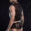 Back view of a male model wearing a 3 piece waiter costume with a sheer striped mesh pattern. 