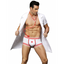 A male model wears a doctors costume with red piping and medical cross on the briefs. 
