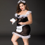 A plus size model wears a French maid bodystocking dress with an apron saying room service on it. 
