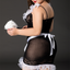 Back view of a plus size model wearing a French maid costume with frilly ruffle details around the chest and hem. 