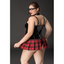 A plus size model wears a school girl wet look corset costume with a split back in the skirt. 