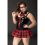 A model wears a school girl wet look corset costume with necktie, hair bows and fake glasses. 