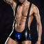 A male model wears a blue and black wet look wrestling suit with a U-neckline and open sides. 