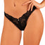 A model wears a black lace g-string panty with a scalloped hem and waistband with a bow detail. 