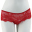 A mannequin wears a scalloped lace g-string panty in red.