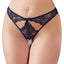 A model wears a black lace panty with a crotchless opening. 