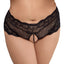 A model wears a black lace boyleg panty with a crotchless design with a strand of pearls down the middle. 