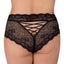 Back view of a model wearing a black lace boyleg panty with a strappy crisscross cutout design. 