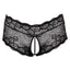 A black crotchless pearl lace boyleg panty with sheer, scalloped floral lace lays on a white background. 