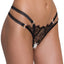 A model wears a split-crotch black lace thong with sheer eyelash lace. 