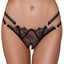 A model wears a sheer black split-crotch eyelash lace thong with dual cutout straps with metal sparky o-rings. 