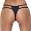 Back view of a model wearing a black lace split-crotch thong with a barely there rear design. 