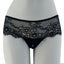 A black sheer lace crotchless panty is worn on a mannequin showcasing its scalloped eyelash hem and floral pattern. 