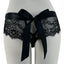 Back view of a mannequin wearing a sheer lace black lace panty with a ribbon waistband that ties into a large bow at the back. 