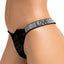 A mannequin wears a black floral lace g-string with an elastic waistband mini diamantés spelling the word Love on it. 