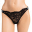 A mannequin wears a sheer black lace g-string with an diamanté encrusted waistband and scalloped trim.