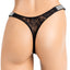 Back view of a mannequin wearing a black floral lace g-string with a high-cut barely there design. 