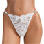 A mannequin wears a white lace floral pattern g-string with elastic picot trim straps.