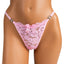 A mannequin wears a light pink lace g-string with feminine floral pattern and a bow pink bow in the middle of the waistband.