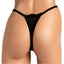 Back view of a mannequin wearing a black lace g-string with a high-cut design.