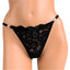 A mannequin wears a black lace floral pattern g-string with figure-8 metal rings on each side of the straps.