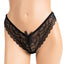 A mannequin wears a black lace panty with a scalloped hem and gauzy bow in the middle waist.