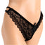 Side view of a mannequin wearing a black lace panty with cutout sides to cage your hips. 