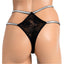 Back view of a mannequin wearing a dual sparkly strap black lace thong with a barely there design.