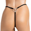 Back view of a mannequin wearing a black adjustable g-string with a dollar sign charm bling in the centre.