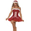 A model wears a red velvet Christmas tulle dress with a santa hat, faux fur trim around the sweetheart neckline and a ruched bust.