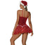 Back view of a model wearing a red velvet Christmas tulle dress with adjustable shoulder straps. 