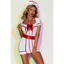 A model wears a nurse costume with a full length front zipper and stethoscope. 