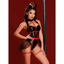 A model wears a dark wet look nurse costume with red cage strap details and metallic o-ring. 