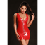 A model wears a red wet look zip up bodycon dress with a full-length zip closure. 