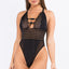 A model wears a black sheer mesh bodysuit with a plunging neckline with dual satin-sheen straps at the cleavage.