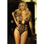 A model wears a sheer black bodystocking teddy with a halter neckline. 