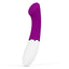 A purple and white app compatible G-spot vibrator with a broad, flattened tip and 3 button control panel on the base handle.